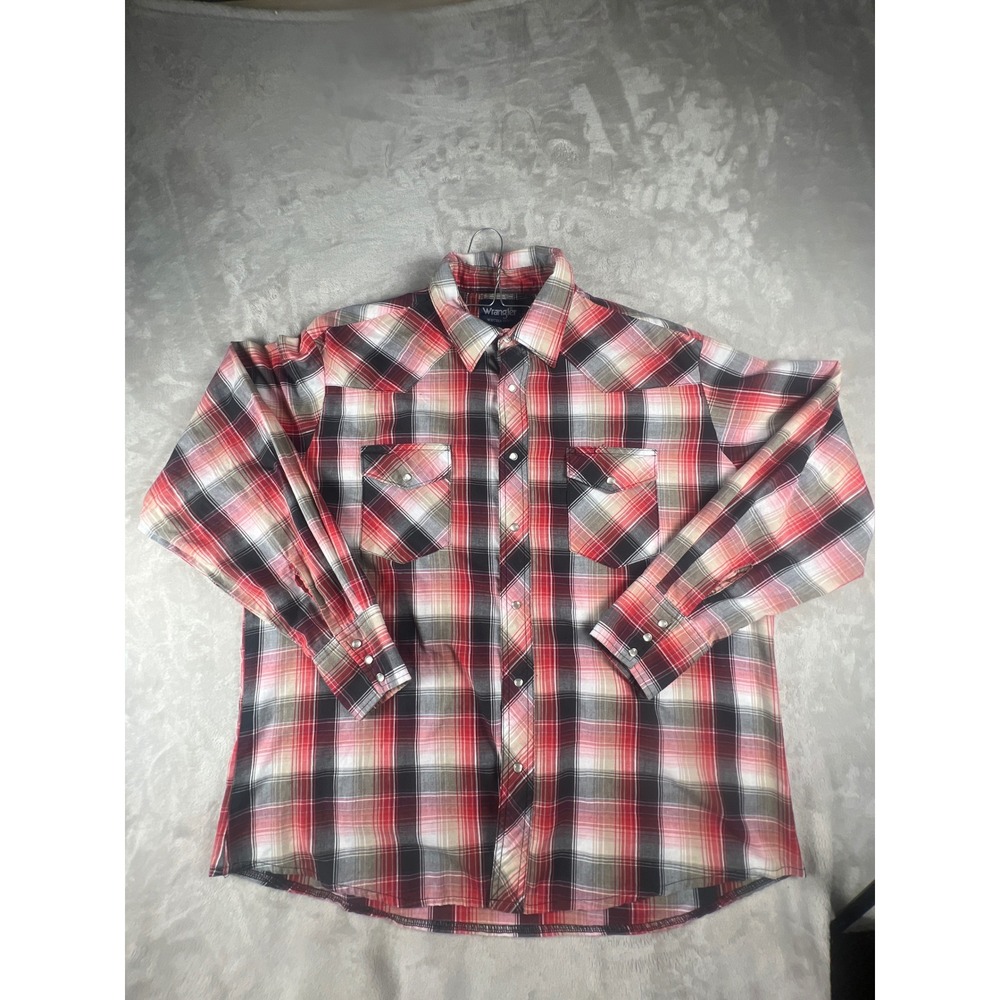 Wrangler Western Shirt Mens XL Red Black Plaid Pearl Snap Long Sleeve Cowboy